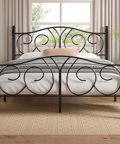 VECELO Heavy Duty Metal Platform Bed Frame with Headboard Black 2