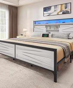 Farmhouse King Bed Frame with Storage Headboard and LED Lights