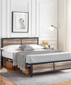 VECELO Full Size Platform Bed Frame with Vintage Grey Oak Headboard