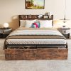 Queen Size Metal Bed Frame with Storage Headboard and Charging Station