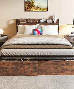 Queen Size Metal Bed Frame with Storage Headboard and Charging Station