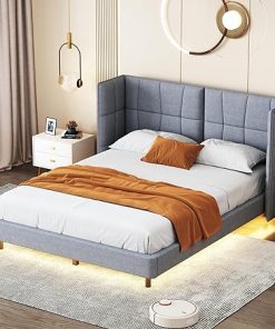Queen Size Platform Bed with LED Lights U-Shape Headboard Grey Linen