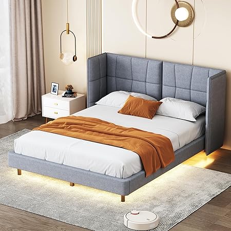 Queen Size Platform Bed with LED Lights U-Shape Headboard Grey Linen Queen Size Platform Bed with LED Lights U-Shape Headboard Grey Linen