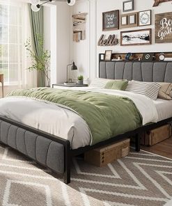 GAOMON Queen Bed Frame with Storage Headboard and Drawers in Grey Brown