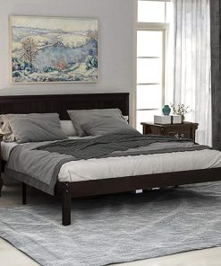 Queen Platform Bed Frame with Headboard and Wooden Slats in Espresso