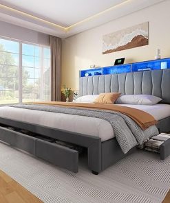 YITAHOME King Bed Frame with Storage and LED Headboard in Grey