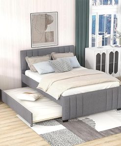 Upholstered Full Bed with Trundle and Tufted Headboard in Gray 2