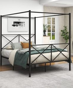 Modern 4-Post Queen Metal Canopy Bed Frame with Headboard Black