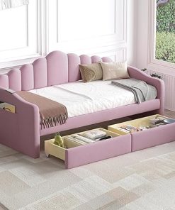 Twin Size Velvet Daybed with Storage Drawers and USB Ports in Pink