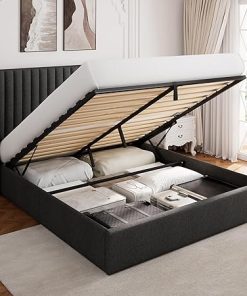 Queen Size Upholstered Storage Bed with Wingback Headboard Dark Grey
