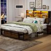 Alohappy Farmhouse Full Bed Frame with Bookcase and LED Light