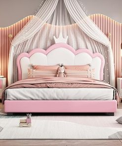 Upholstered Full Size Princess Bed Frame for Girls No Box Spring