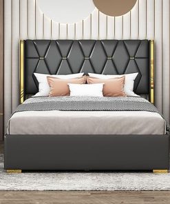 Full Size PU Leather Bed Frame with Gold Trim and Metal Legs