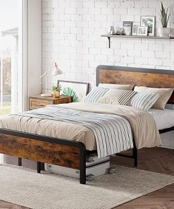 Rustic Brown Full Size Metal Bed Frame with Wooden Headboard Support