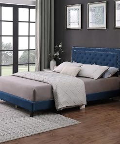 Queen Size Velvet Tufted Bed Frame with Adjustable Headboard Blue