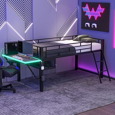 P Purlove Twin Gaming Loft Bed with Desk and Storage for Kids P Purlove Twin Gaming Loft Bed with Desk and Storage for Kids