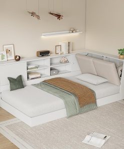 Twin Corner Bed Frame with Storage and USB Charging Port Solid Wood Twin Daybed with Shelves and Upholstered Headboard – White