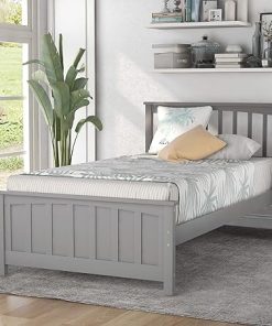 Twin Size Bed Frame Solid Wood Platform with Headboard Gray
