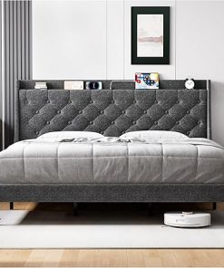GAOMON Queen Bed Frame with Charging Station and Storage Shelf Grey