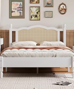 Mid-Century Wooden Platform Bed with Rattan Headboard for Bedrooms