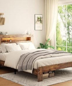 Queen Size Wooden Bed Frame with Storage Bookshelf and LED Lights