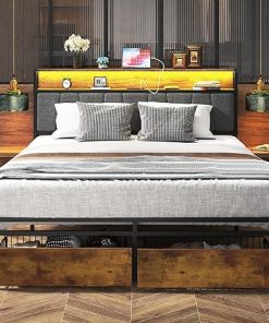 Queen Bed Frame with Headboard and Charging Station in Black Metal