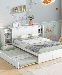 Full Platform Bed with Twin Trundle and Storage Headboard in White