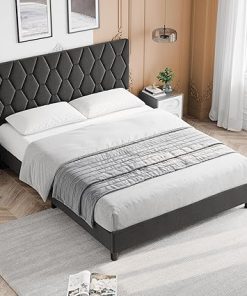 Full Size Upholstered Bed Frame with Headboard and Solid Slats