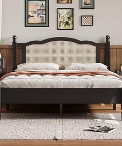 Queen Size Platform Bed with Rattan Headboard Vintage Wood Frame