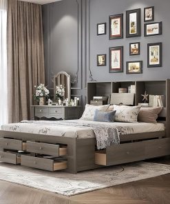 King Size Platform Bed with Bookcase Headboard and Storage Drawers
