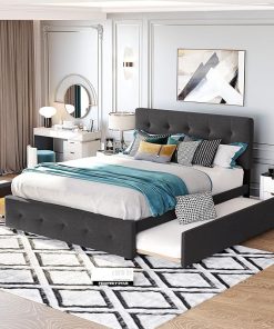 Queen Upholstered Bed Frame with Storage Drawers and Twin XL Trundle