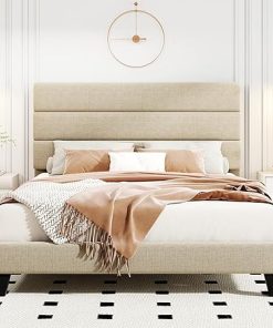 HOOMIC Queen Size Upholstered Bed Frame with Headboard in Beige 2