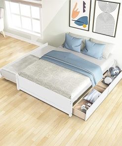 Full Size Wooden Bed Frame with Twin Trundle and Storage Drawers