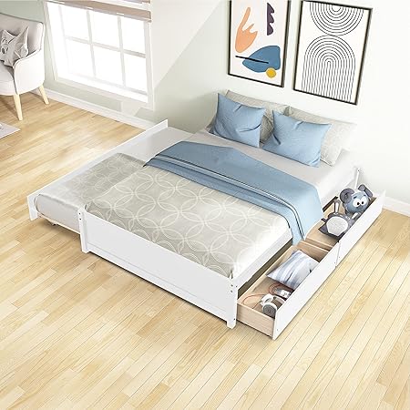 LZ Leisure Zone Full Size Bed Frame with Trundle and Drawers White LZ Leisure Zone Full Size Bed Frame with Trundle and Drawers White