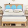 Queen Size Bed Frame with Rattan Headboard and LED Light, Oak