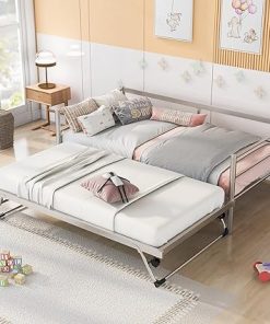 Metal Twin Daybed with Adjustable Trundle for Kids and Adults