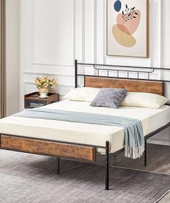 Full Size Metal Bed Frame with Wooden Headboard for Easy Assembly