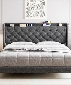 King Size Bed Frame with Charging Ports and Storage Shelf Dark Gray
