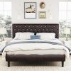 Modern Queen Bed Frame Minimalist Upholstered Diamond Headboard Brown
