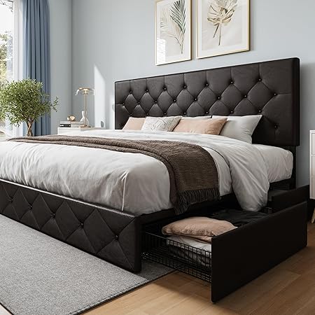WEEWAY King Size Bed Frame with 4 Storage Drawers and Tufted Headboard WEEWAY King Size Bed Frame with 4 Storage Drawers and Tufted Headboard