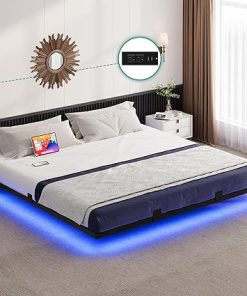 King Size Floating Bed Frame with LED, Charging Station, Easy Assembly