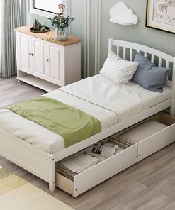Twin Size Storage Platform Bed with 2 Drawers and Headboard White