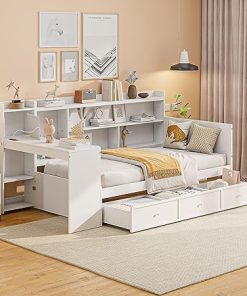 Twin Size Daybed Frame with Storage Drawers and USB Ports in White