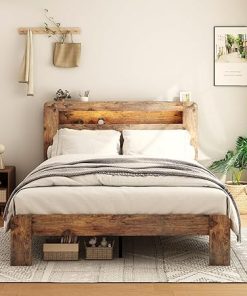Rustic Wooden King Bed Frame with Storage Headboard Easy Assembly