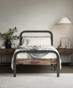 ZIYOO Twin XL Metal Bed Frame with Rustic Headboard and Footboard