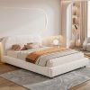 Queen Size Upholstered Platform Bed with Curved Headboard in White