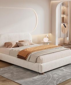 Queen Size Boucle Bed with Curve Headboard Modern Upholstered Frame