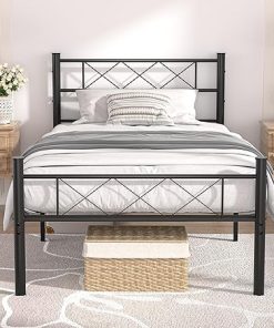 VECELO Twin Bed Frame with Headboard Heavy-Duty Metal Slats Support