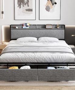 Queen Size Bed Frame with Storage Drawers and Upholstered Headboard 2