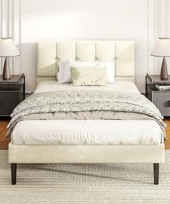 Modern Twin Size Upholstered Platform Bed Frame with Wooden Slats